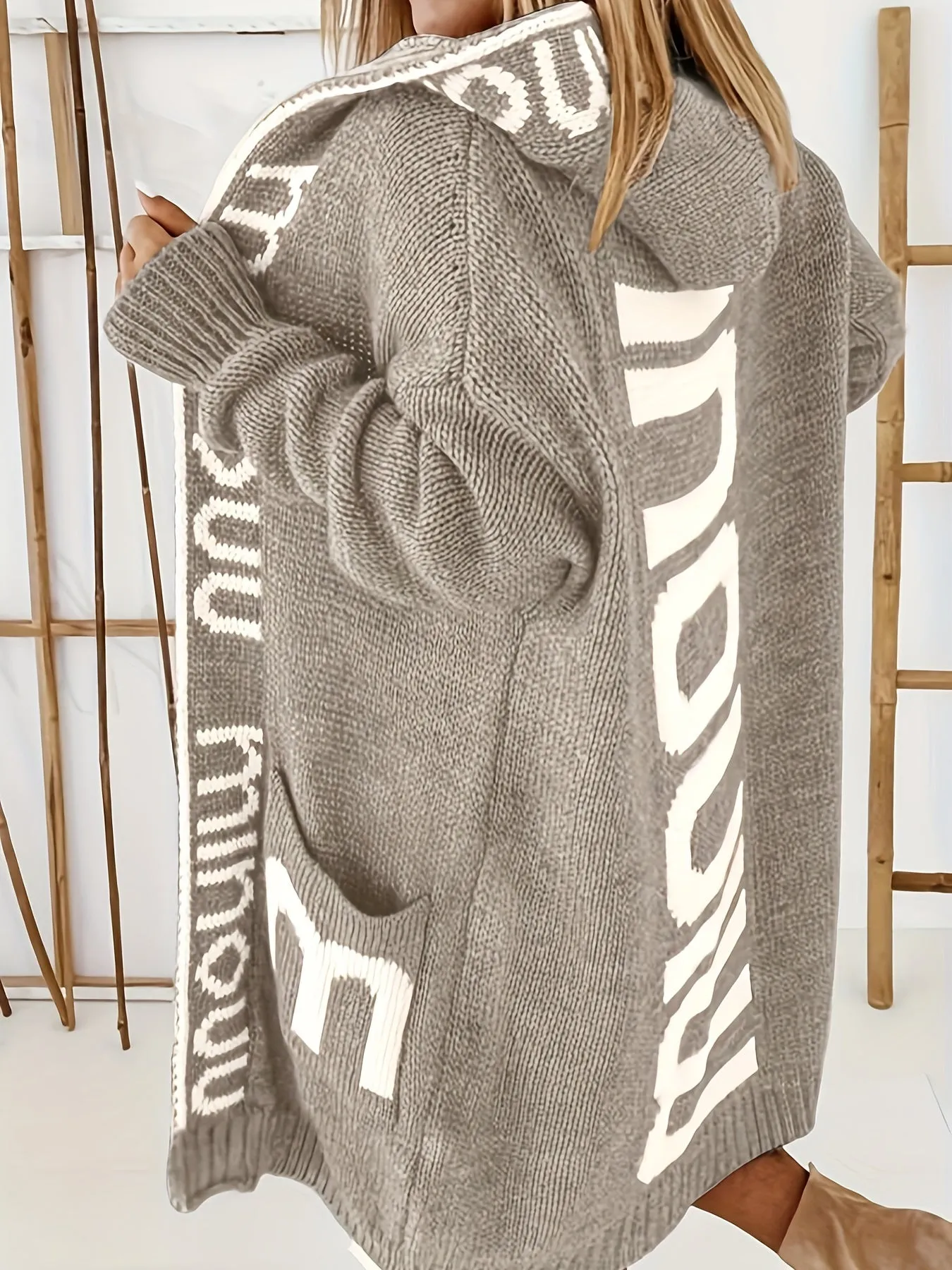 Premium Knitted Cardigan Sweaters For Women With Waterfall Collar - Trendy Letter Print