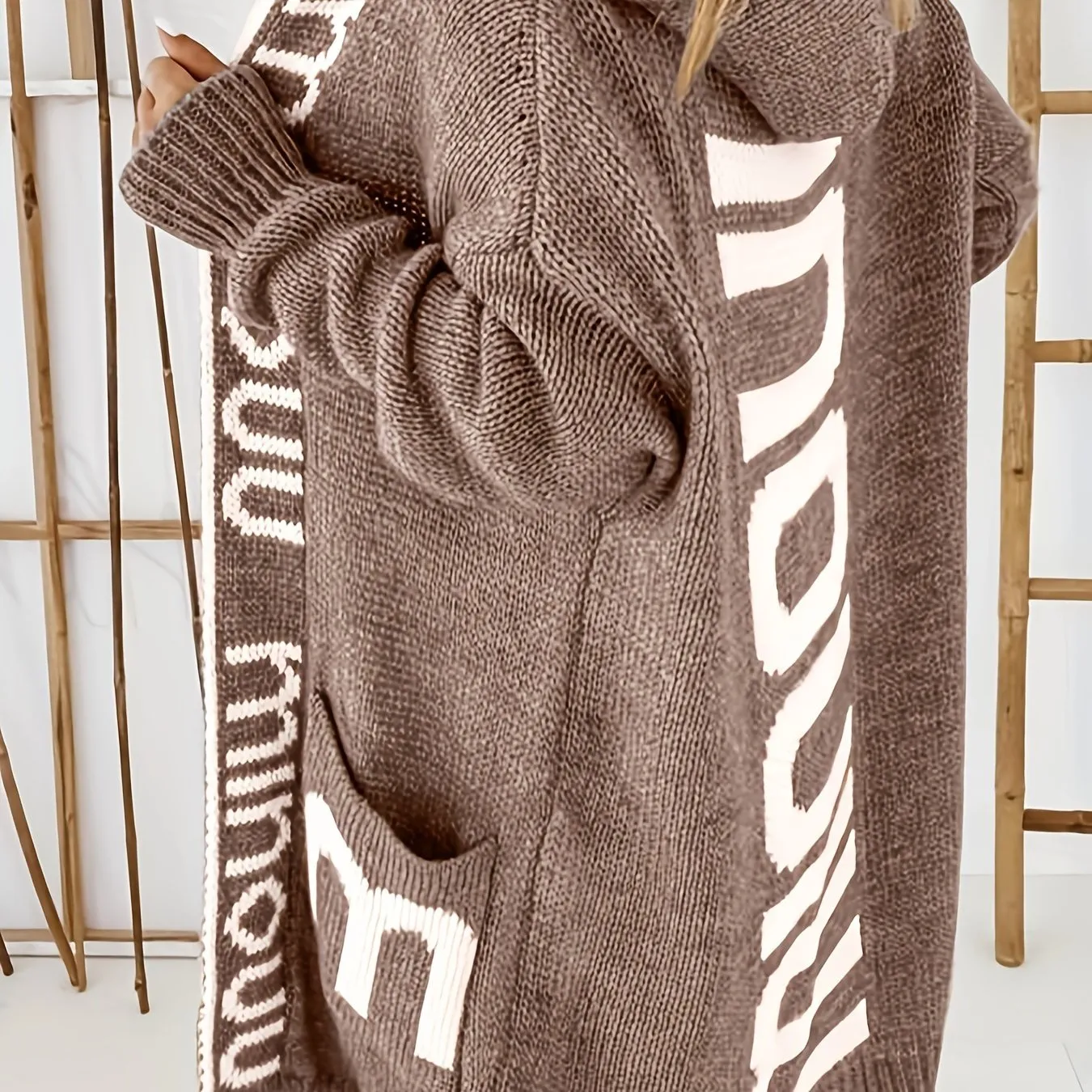 Premium Knitted Cardigan Sweaters For Women With Waterfall Collar - Trendy Letter Print