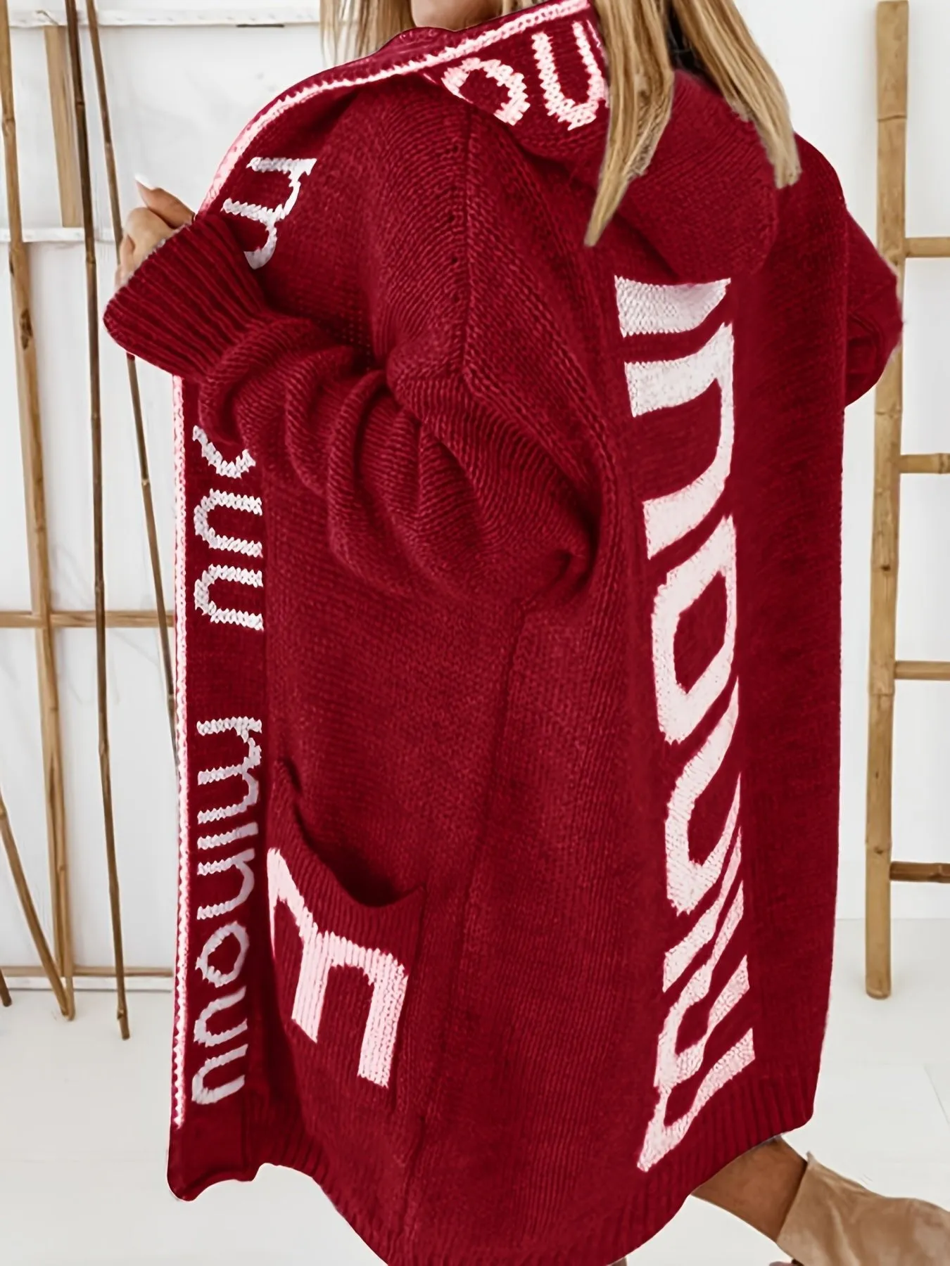 Premium Knitted Cardigan Sweaters For Women With Waterfall Collar - Trendy Letter Print