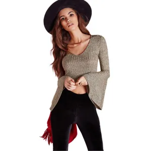 Punk style loose V-neck Crop top Women flare long sleeve knitting T-shirt