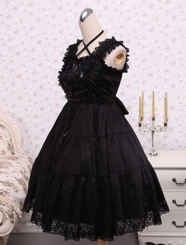 Pure Black Cotton Lolita Jumper Skirt Lace Trim Lace Up Waist Belt