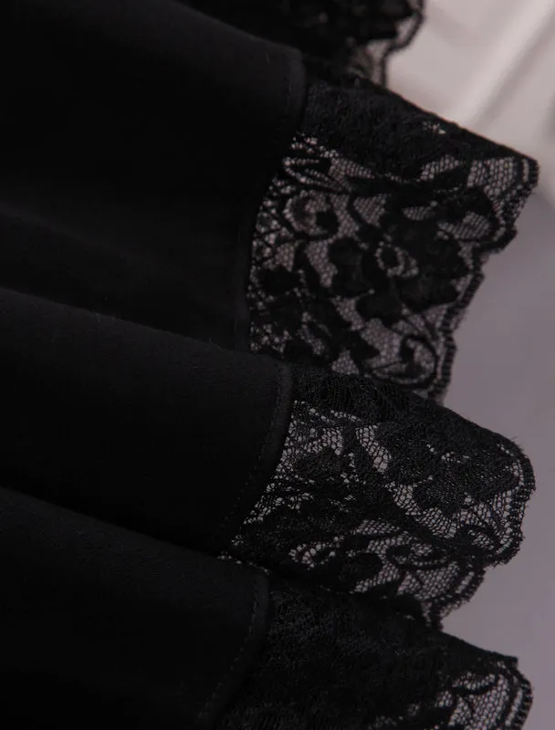 Pure Black Cotton Lolita Jumper Skirt Lace Trim Lace Up Waist Belt