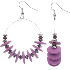 Purple Wooden Round Spacer Hoop Earrings