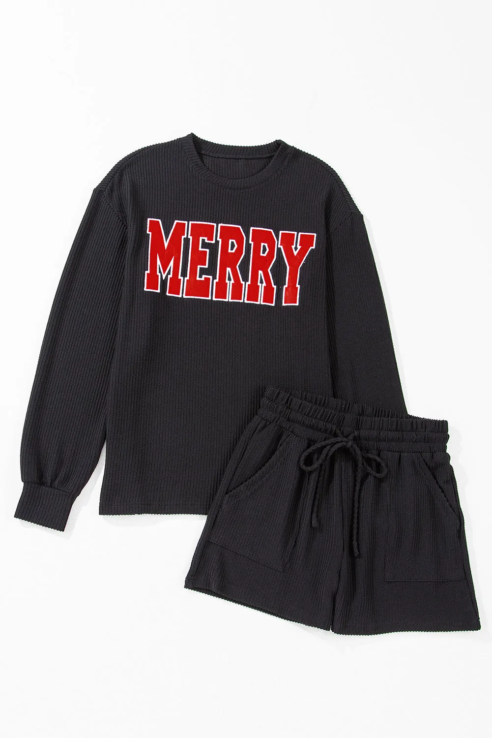 Racing Red Corded MERRY Graphic Long Sleeve Top and Shorts Set