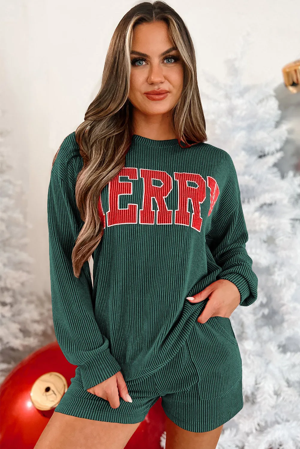 Racing Red Corded MERRY Graphic Long Sleeve Top and Shorts Set