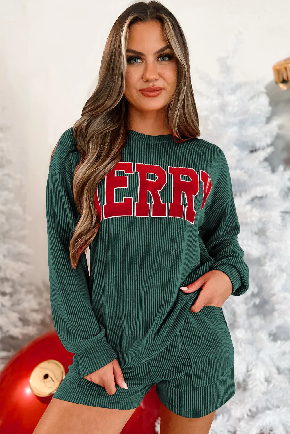 Racing Red Corded MERRY Graphic Long Sleeve Top and Shorts Set