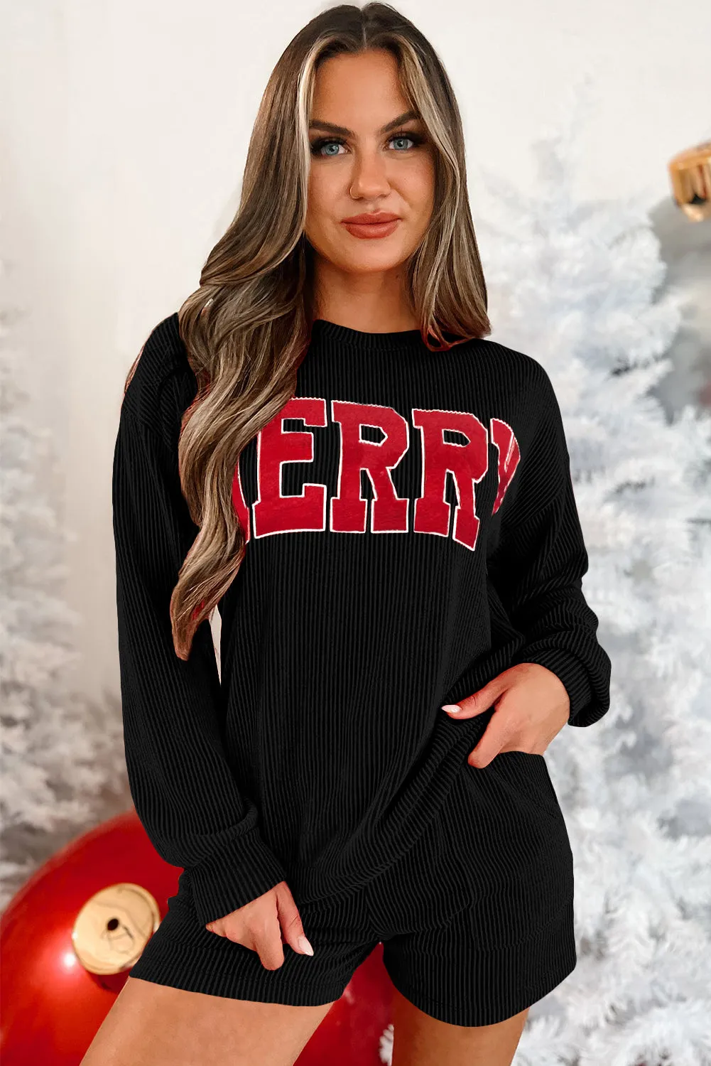 Racing Red Corded MERRY Graphic Long Sleeve Top and Shorts Set