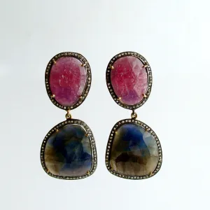 Raspberry Pink Denim Blue Sapphire Slices Diamond Earrings - Katie Earrings