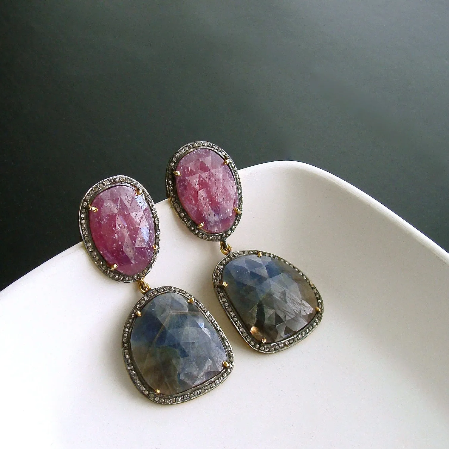 Raspberry Pink Denim Blue Sapphire Slices Diamond Earrings - Katie Earrings