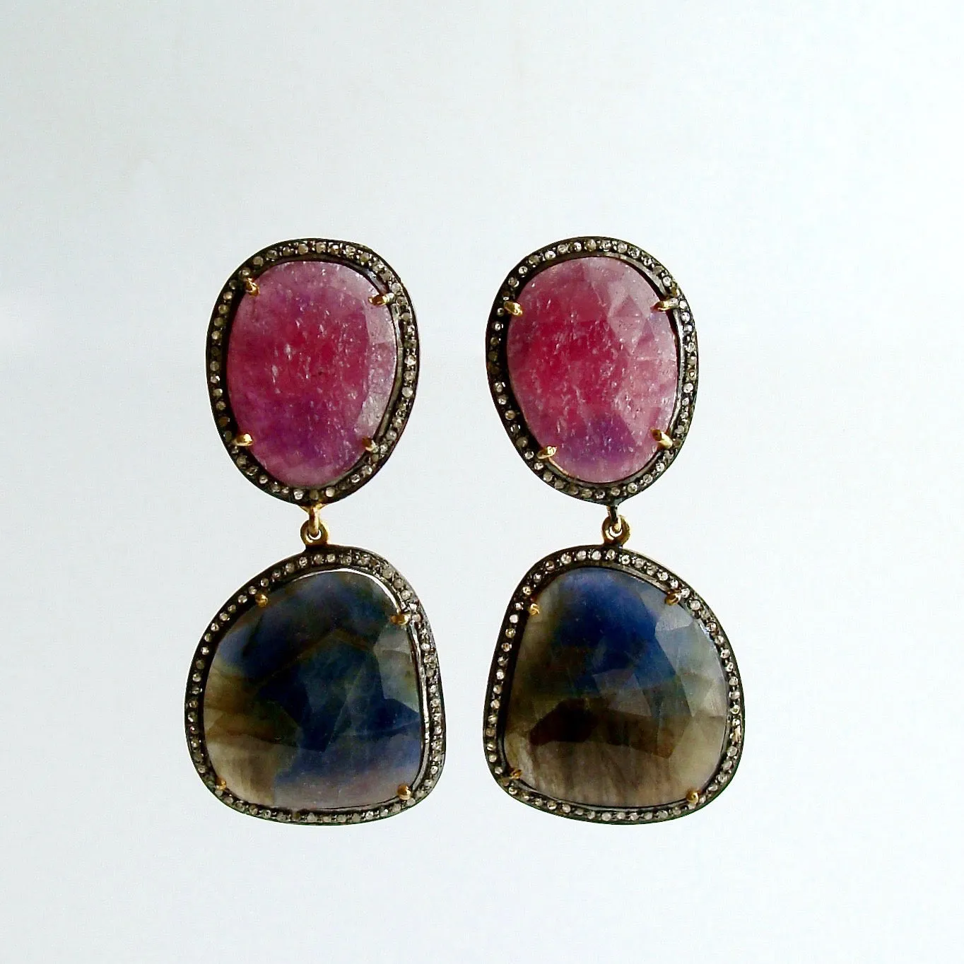 Raspberry Pink Denim Blue Sapphire Slices Diamond Earrings - Katie Earrings