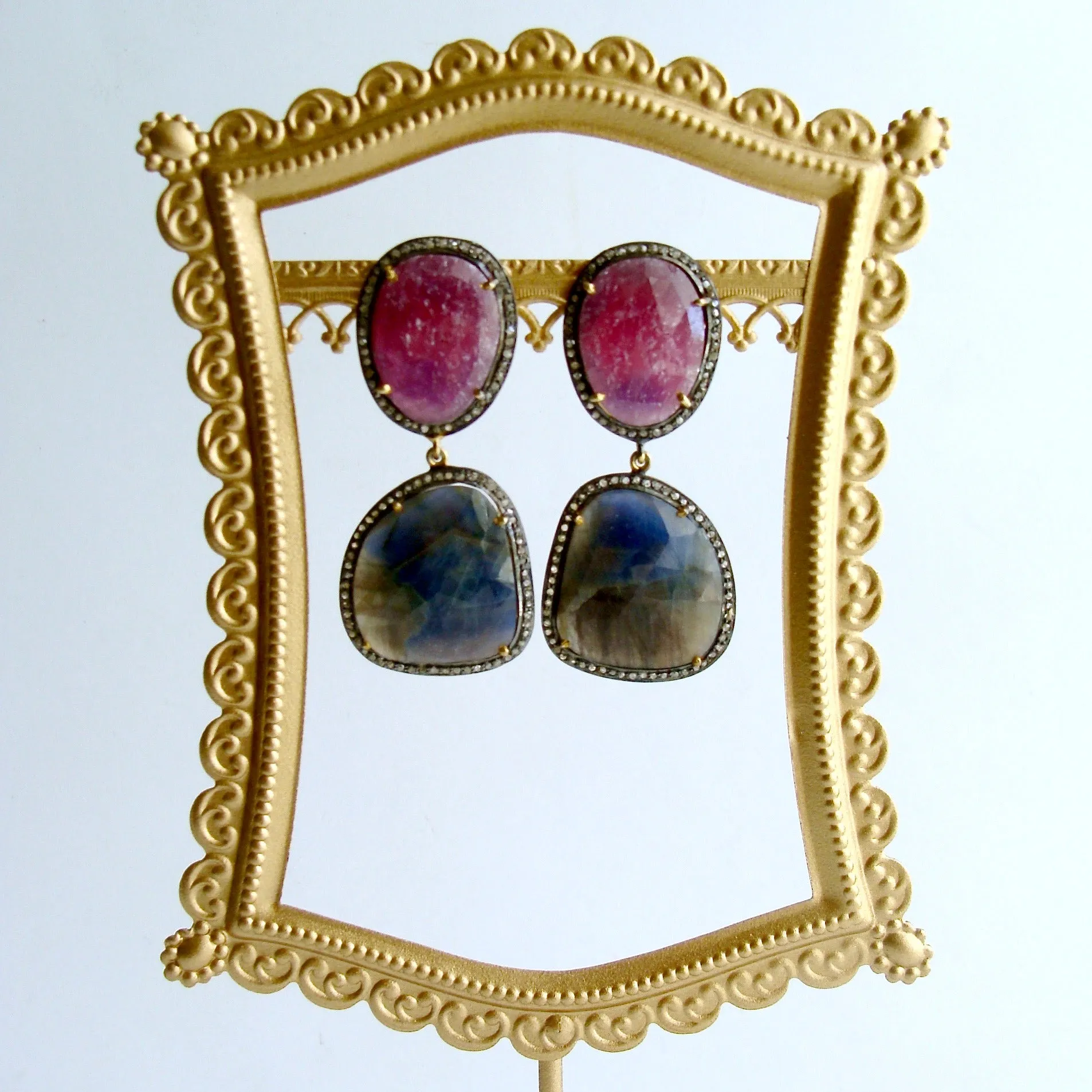Raspberry Pink Denim Blue Sapphire Slices Diamond Earrings - Katie Earrings