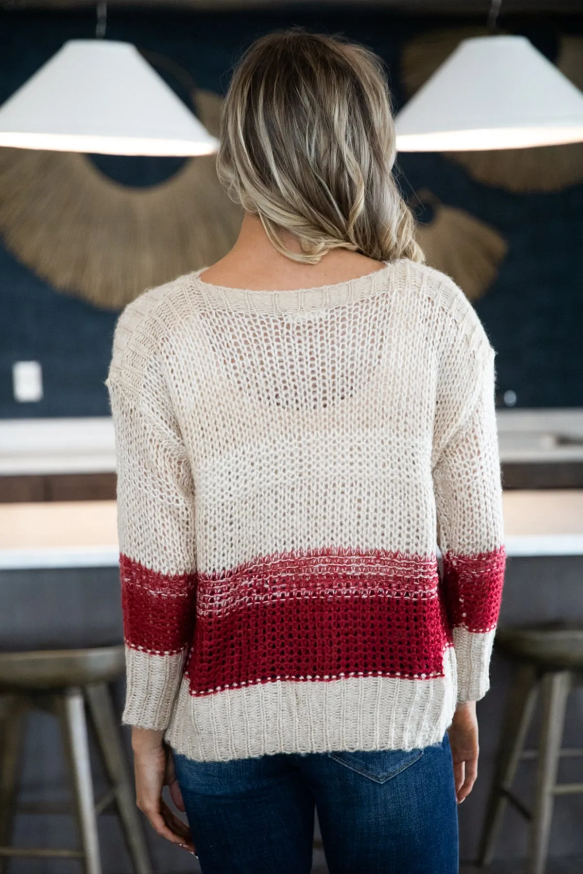 Red and Beige Ombre Colorblock Sweater