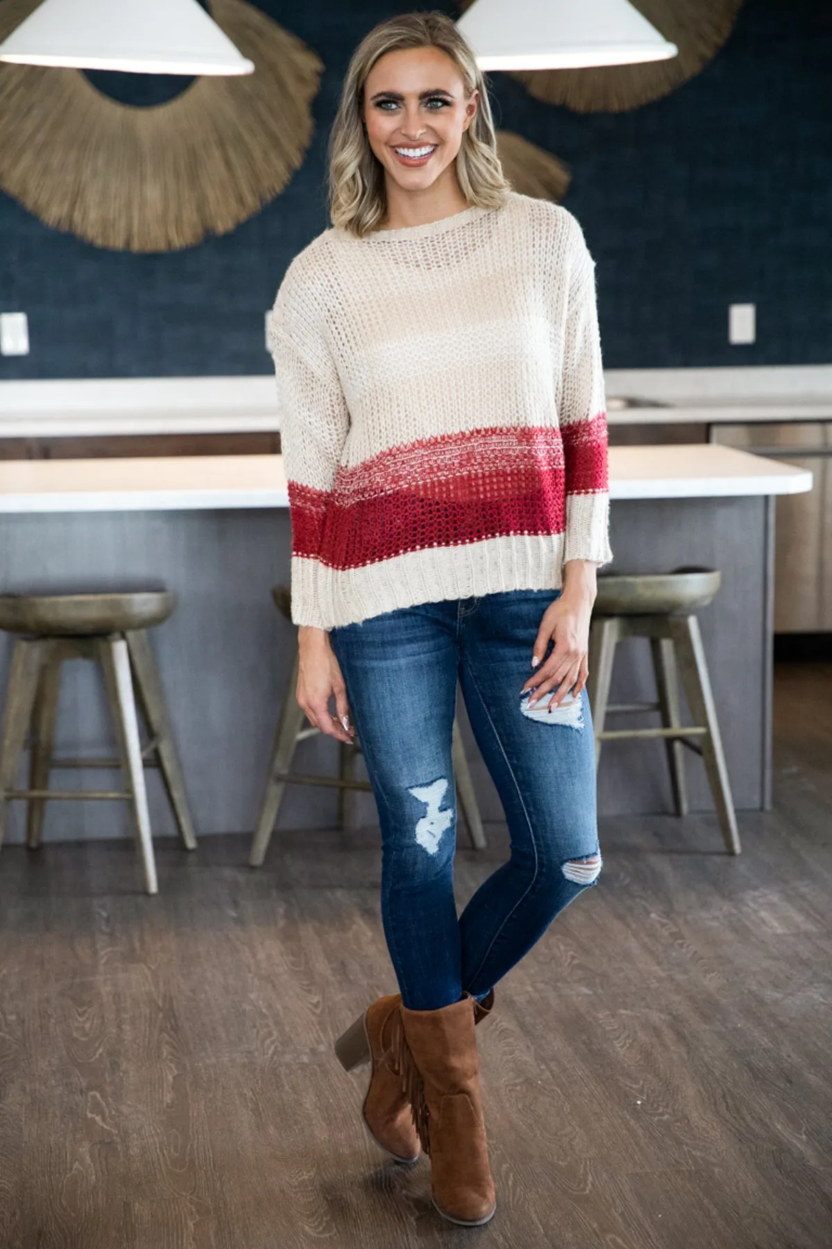 Red and Beige Ombre Colorblock Sweater