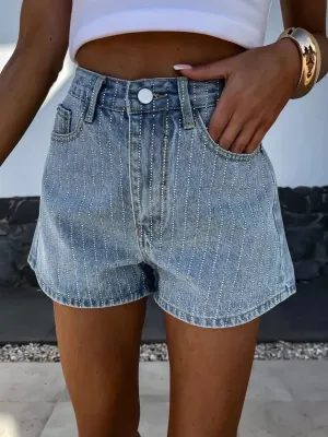 Rhinestone High Rise Denim Shorts S-XL