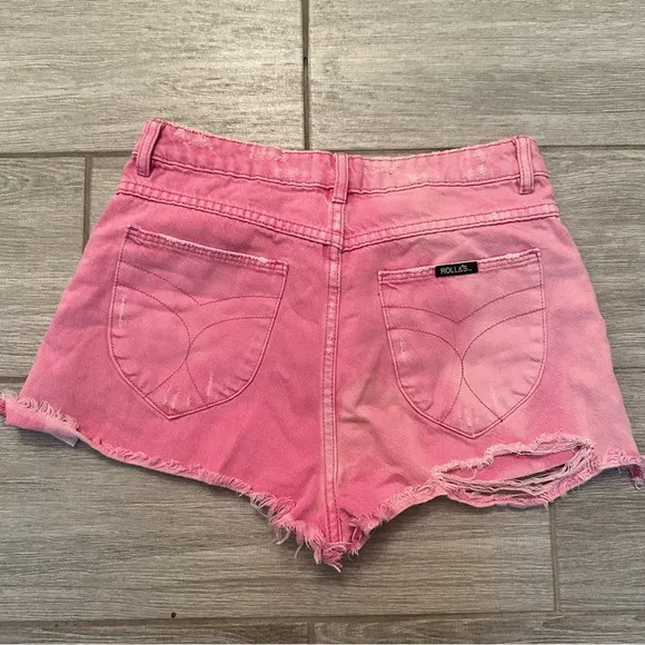 Rollas High Rise Slim Hot Pink Denim Shorts - distressed with frayed edges