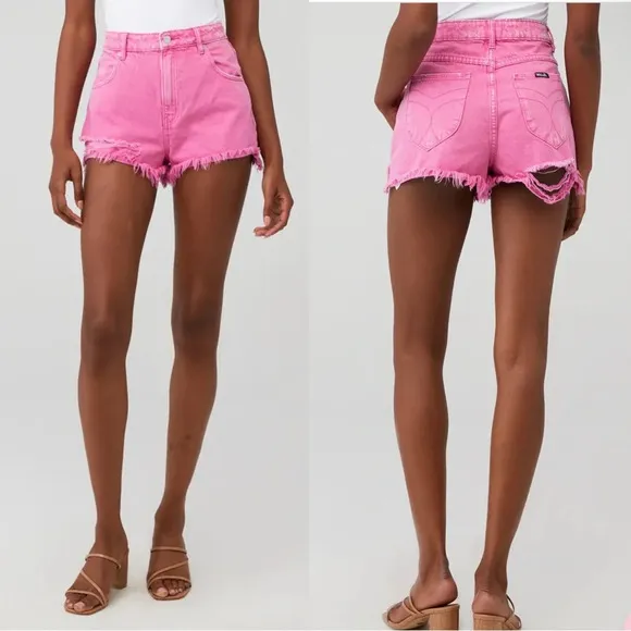 Rollas High Rise Slim Hot Pink Denim Shorts - distressed with frayed edges