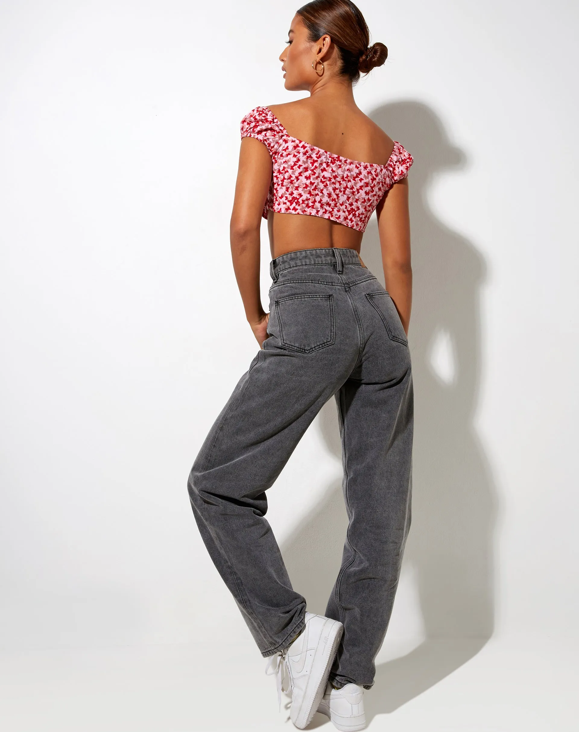 Sarae Crop Top in Ditsy Butterfly Peach and Red