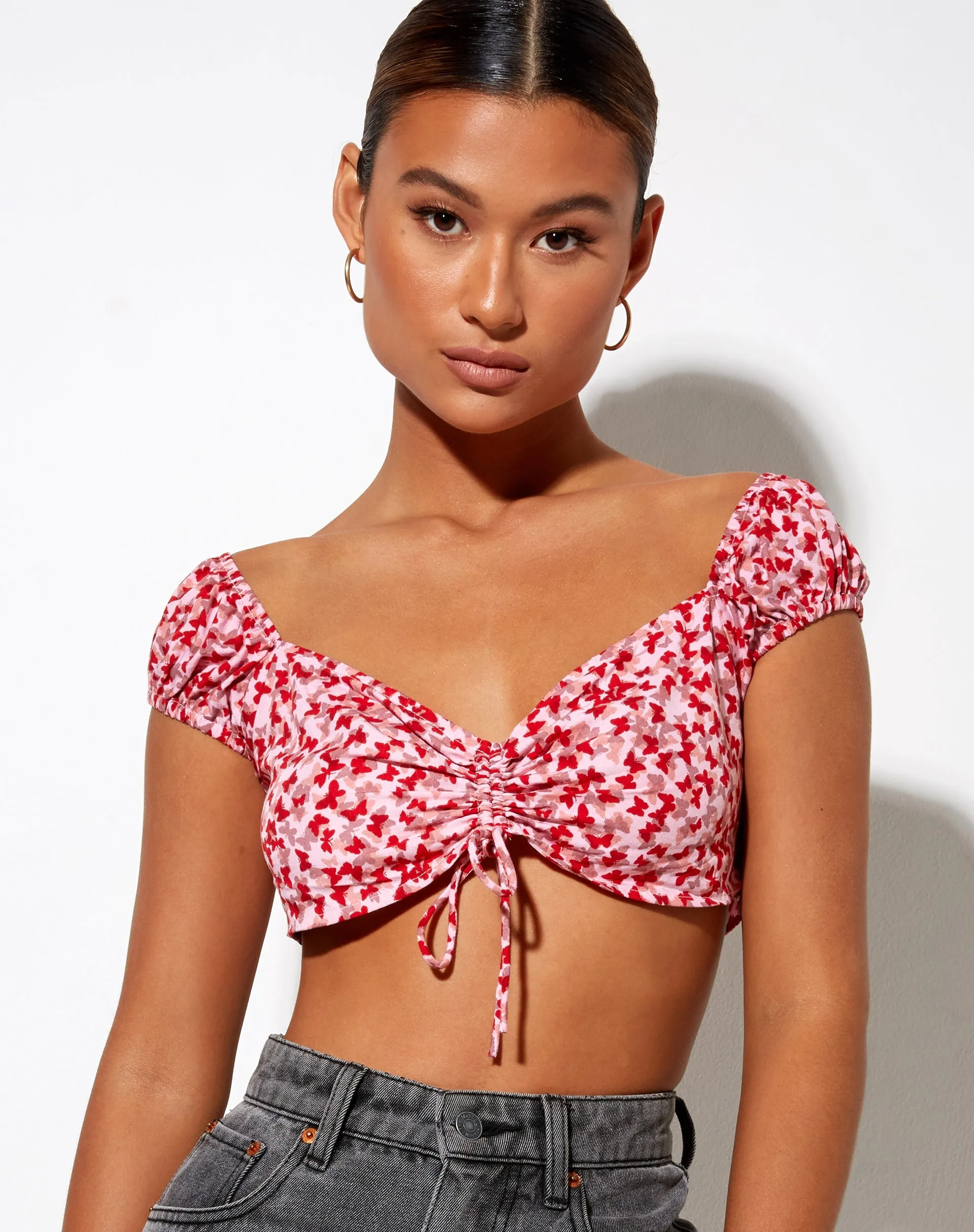 Sarae Crop Top in Ditsy Butterfly Peach and Red
