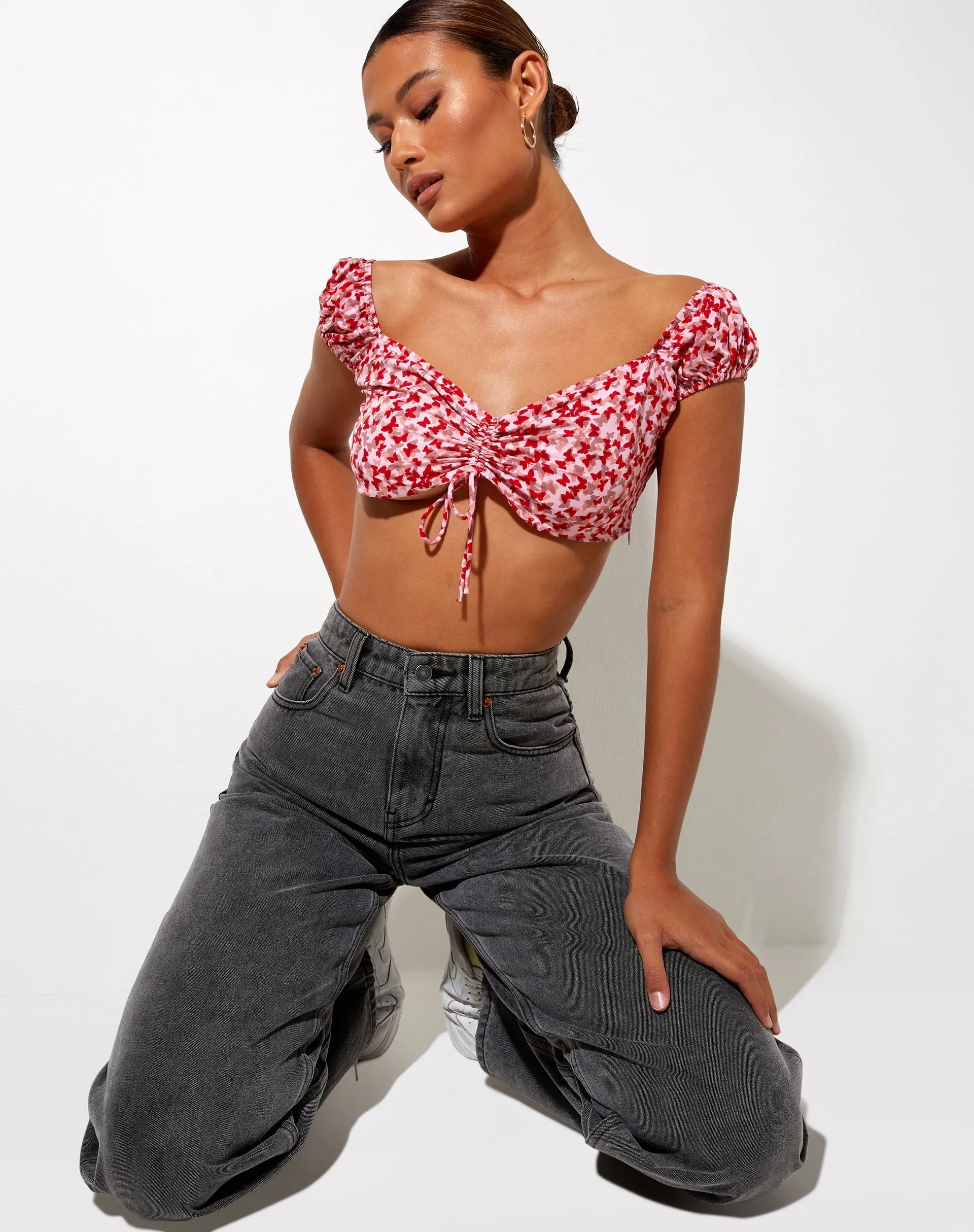 Sarae Crop Top in Ditsy Butterfly Peach and Red