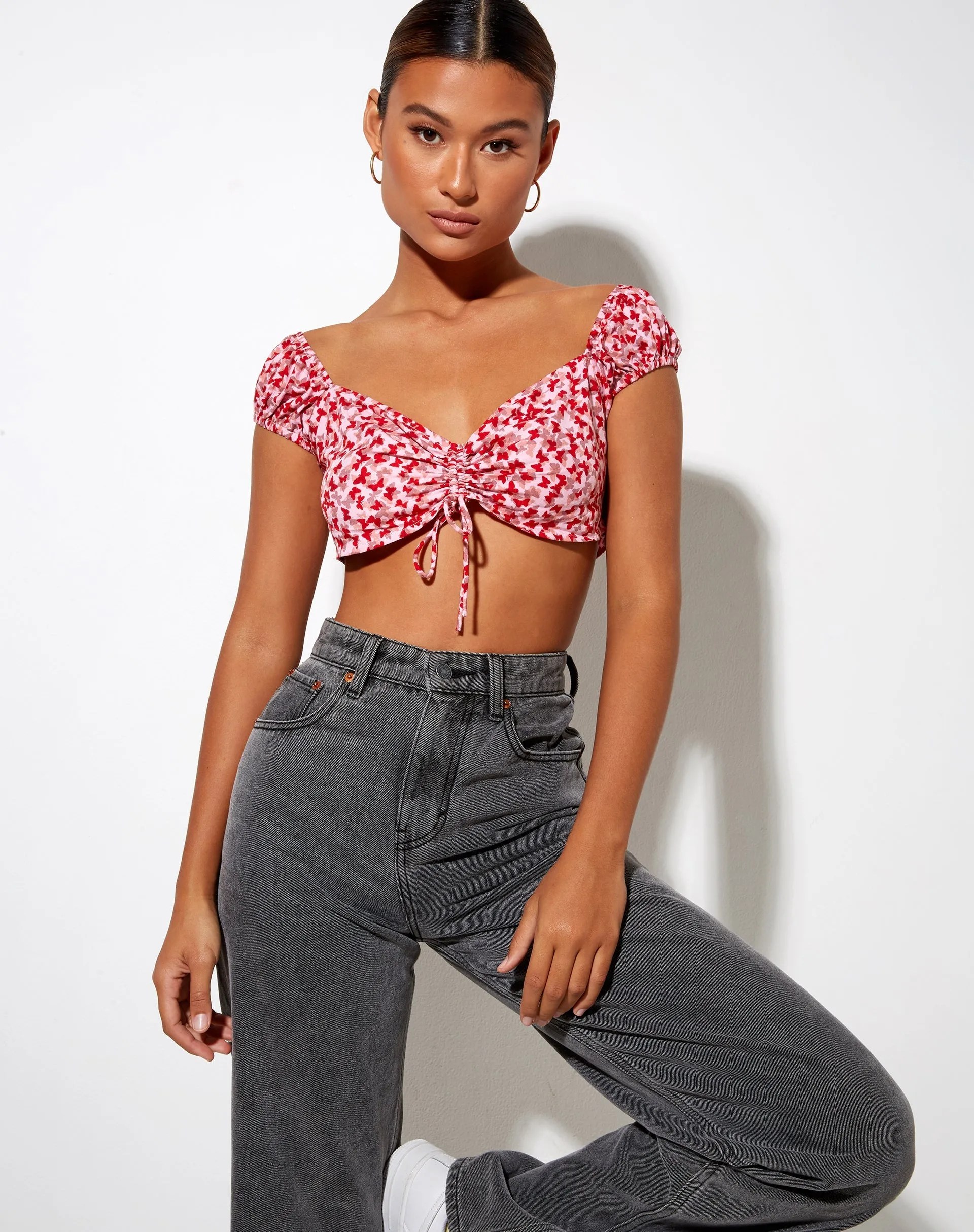 Sarae Crop Top in Ditsy Butterfly Peach and Red