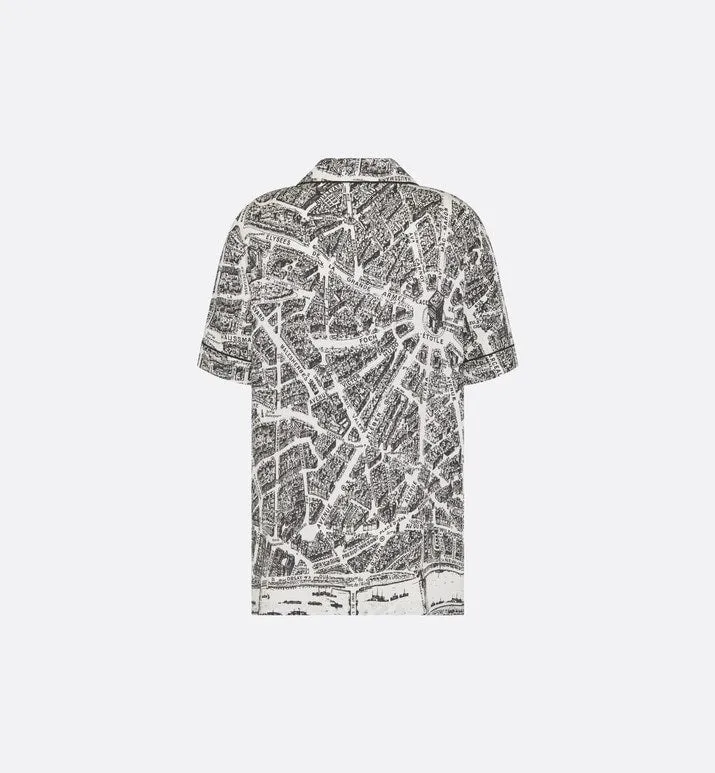 Short-Sleeved Shirt • White and Black Silk Twill with Plan de Paris Motif