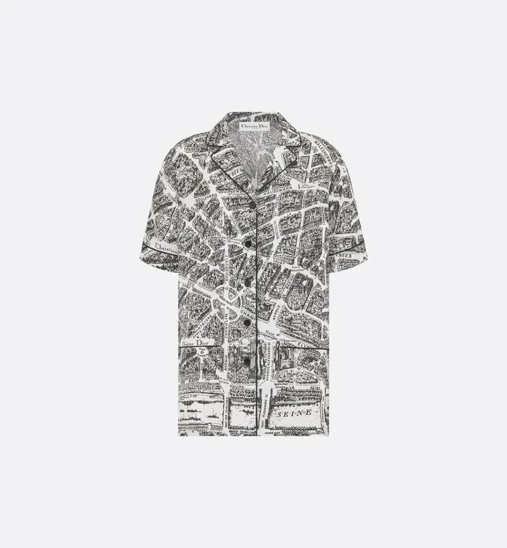 Short-Sleeved Shirt • White and Black Silk Twill with Plan de Paris Motif