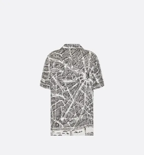 Short-Sleeved Shirt • White and Black Silk Twill with Plan de Paris Motif