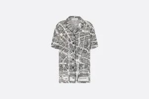 Short-Sleeved Shirt • White and Black Silk Twill with Plan de Paris Motif