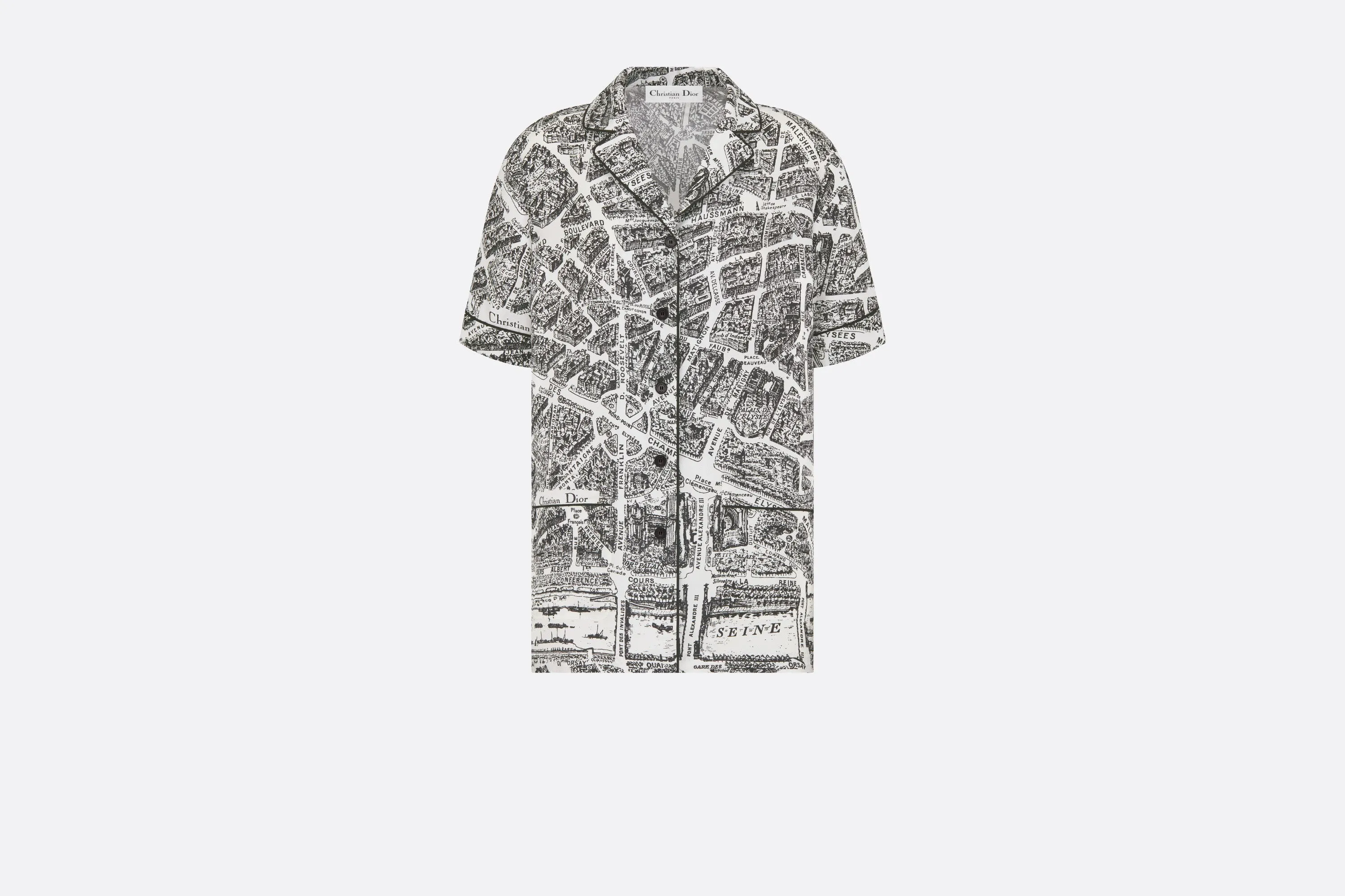 Short-Sleeved Shirt • White and Black Silk Twill with Plan de Paris Motif