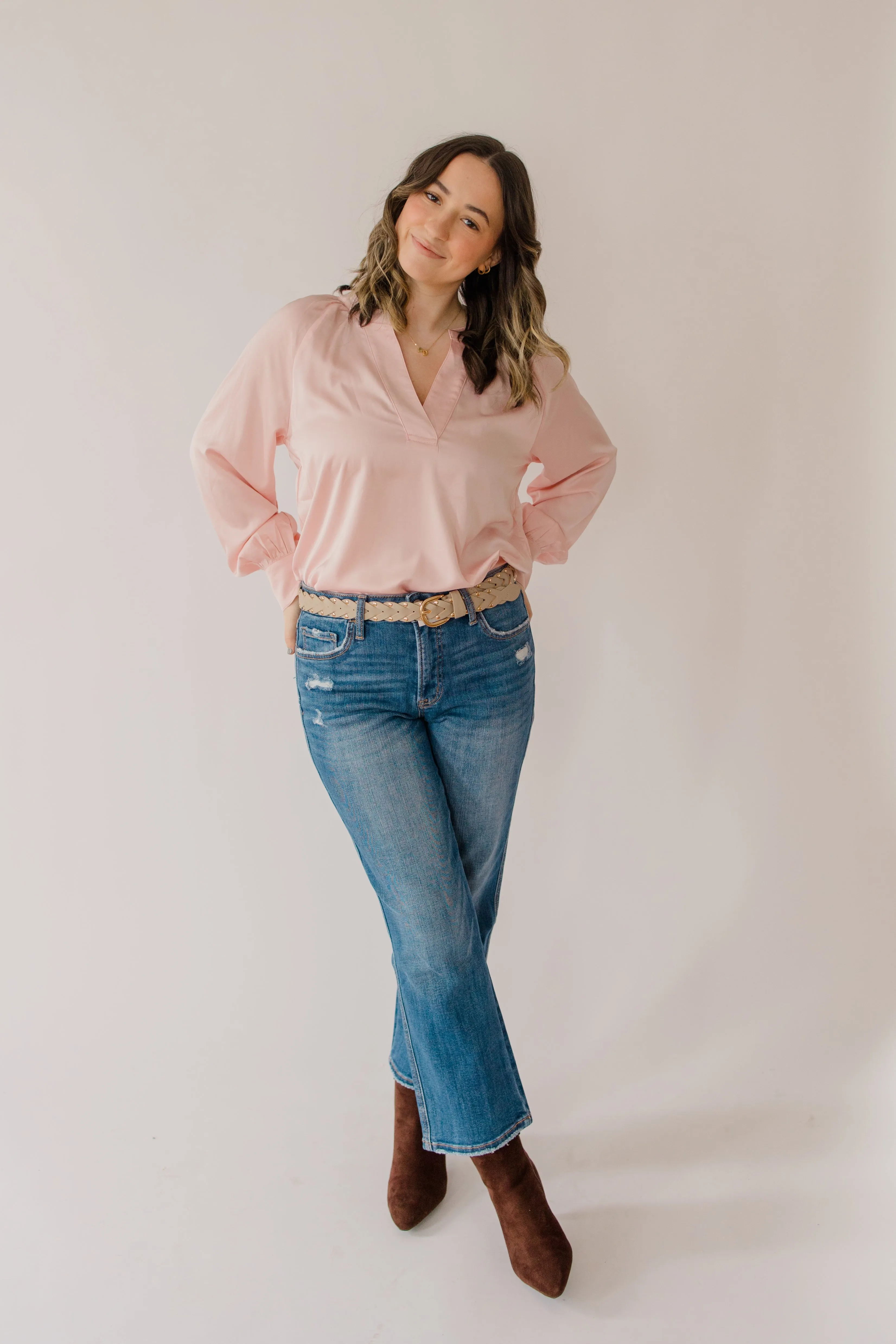 Silky V-Neck Long Sleeve Blouse