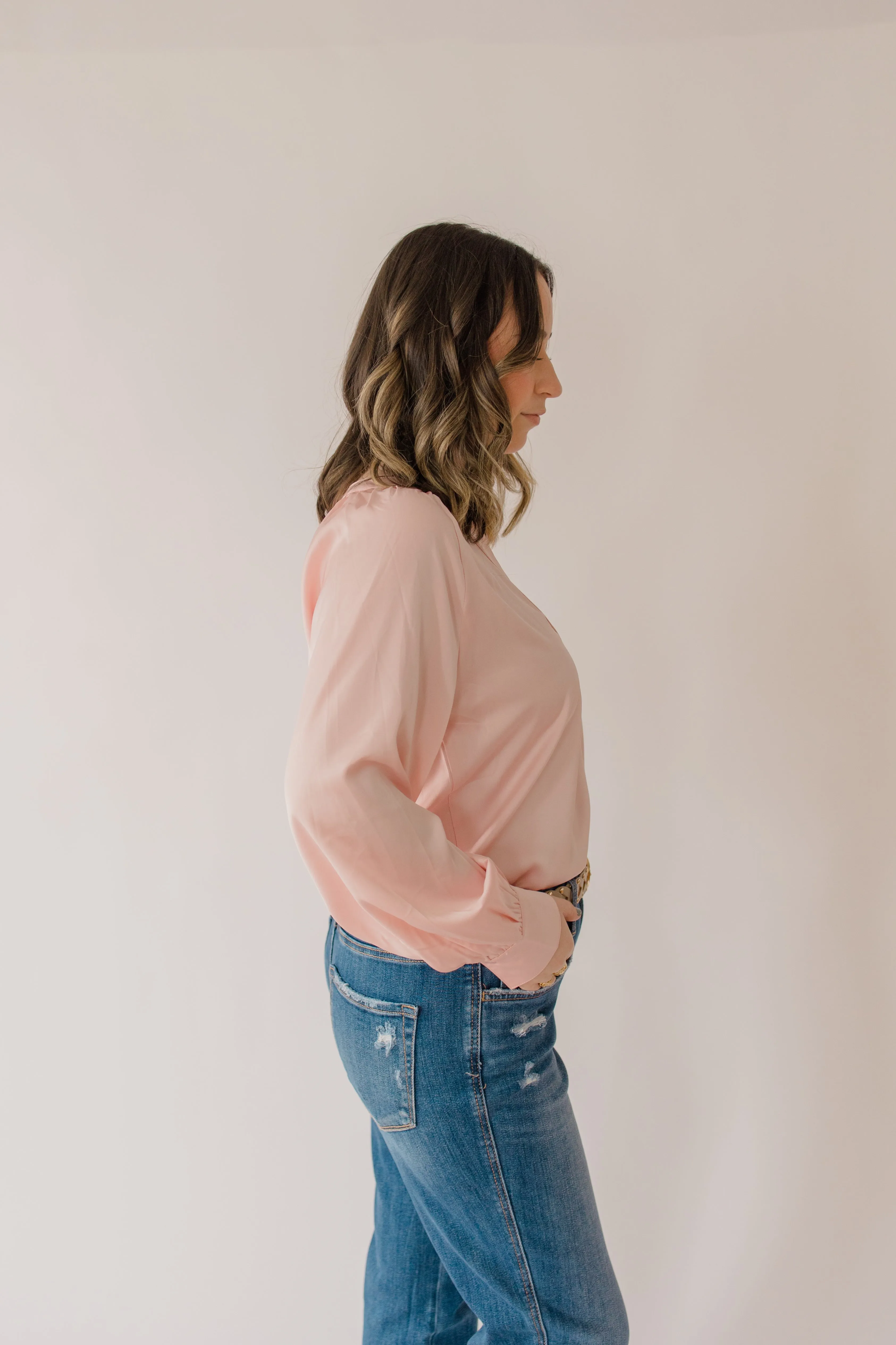 Silky V-Neck Long Sleeve Blouse