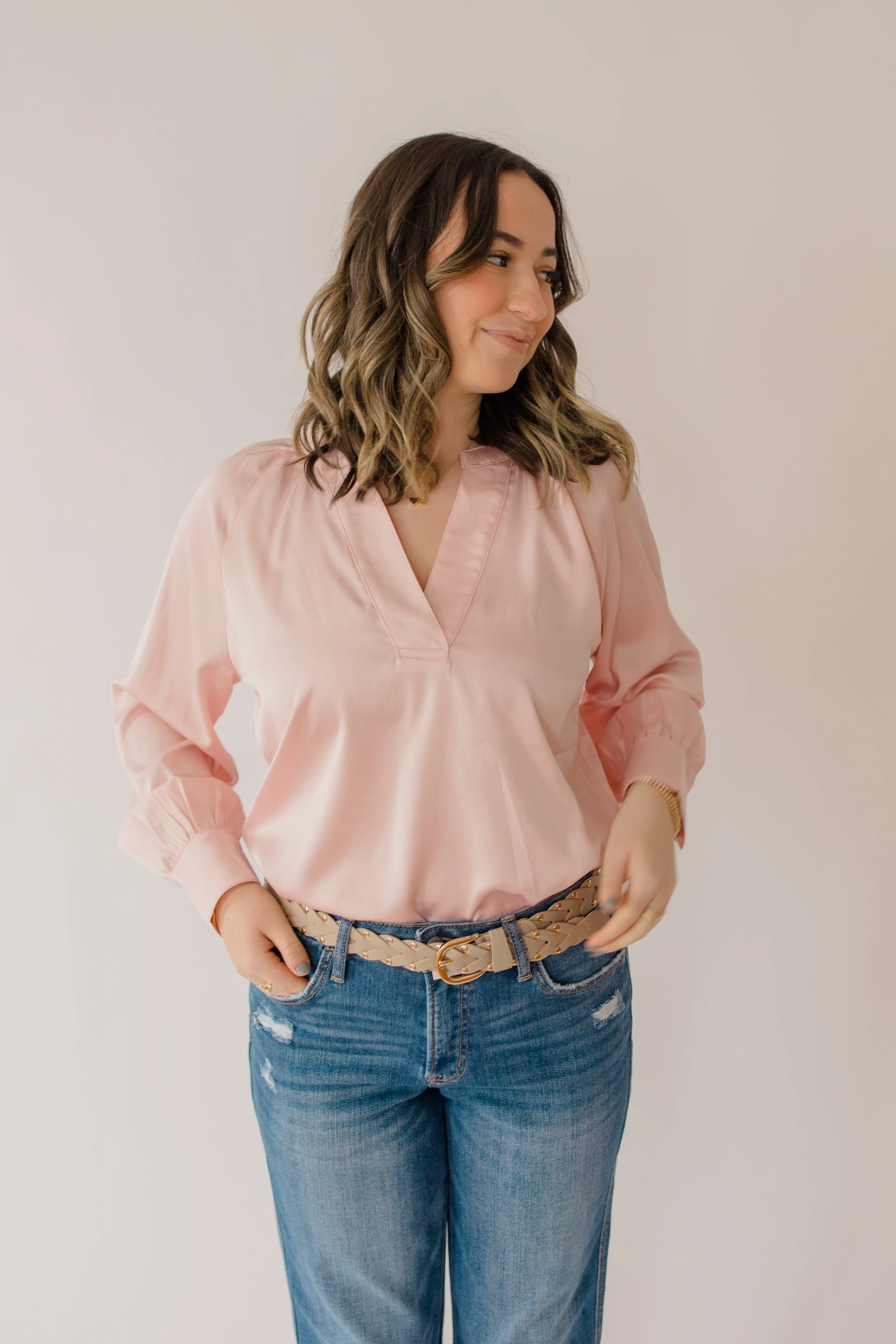 Silky V-Neck Long Sleeve Blouse