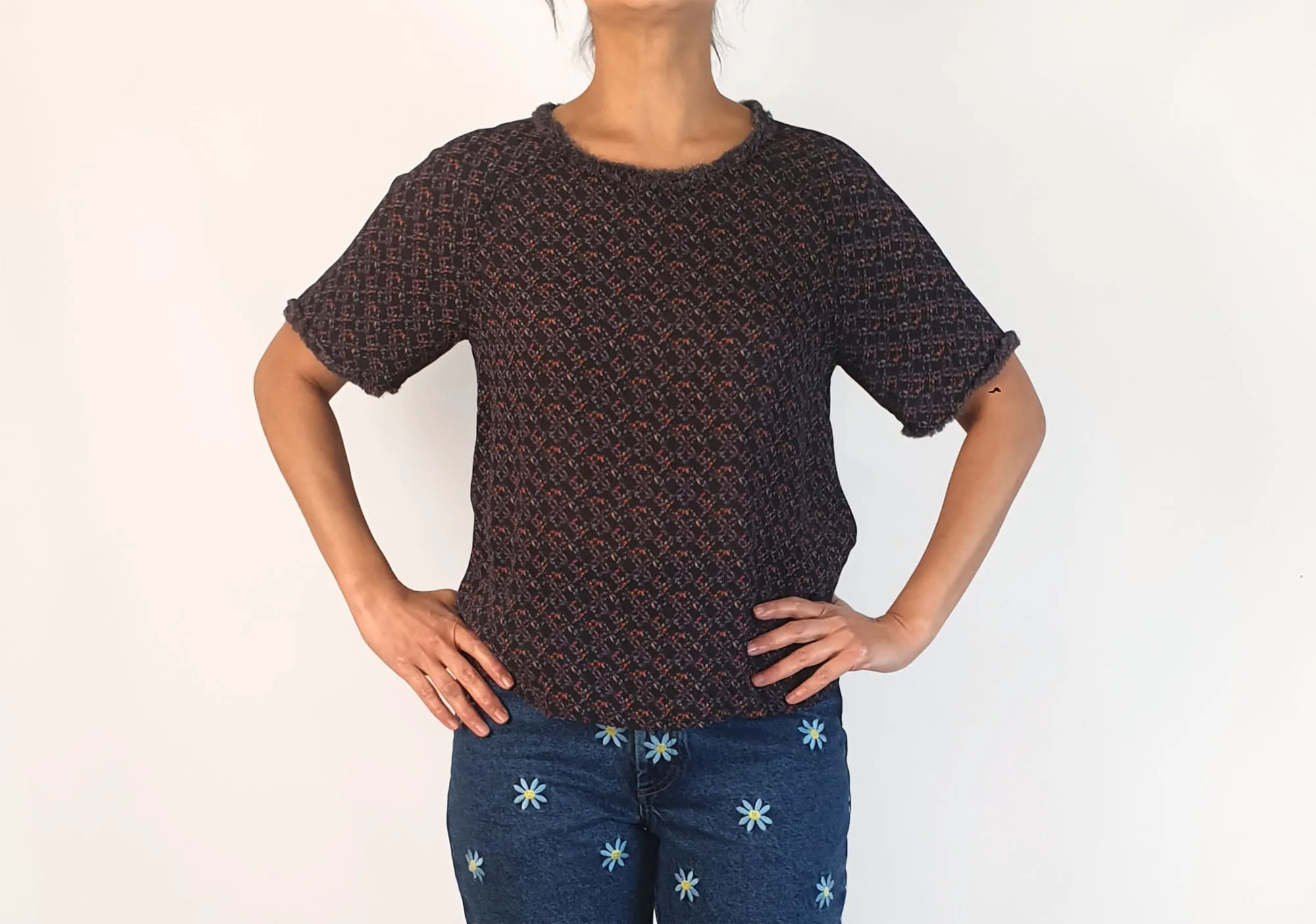 Skin & Threads silk feel dark print top with cute freying detail size 2, fits 10