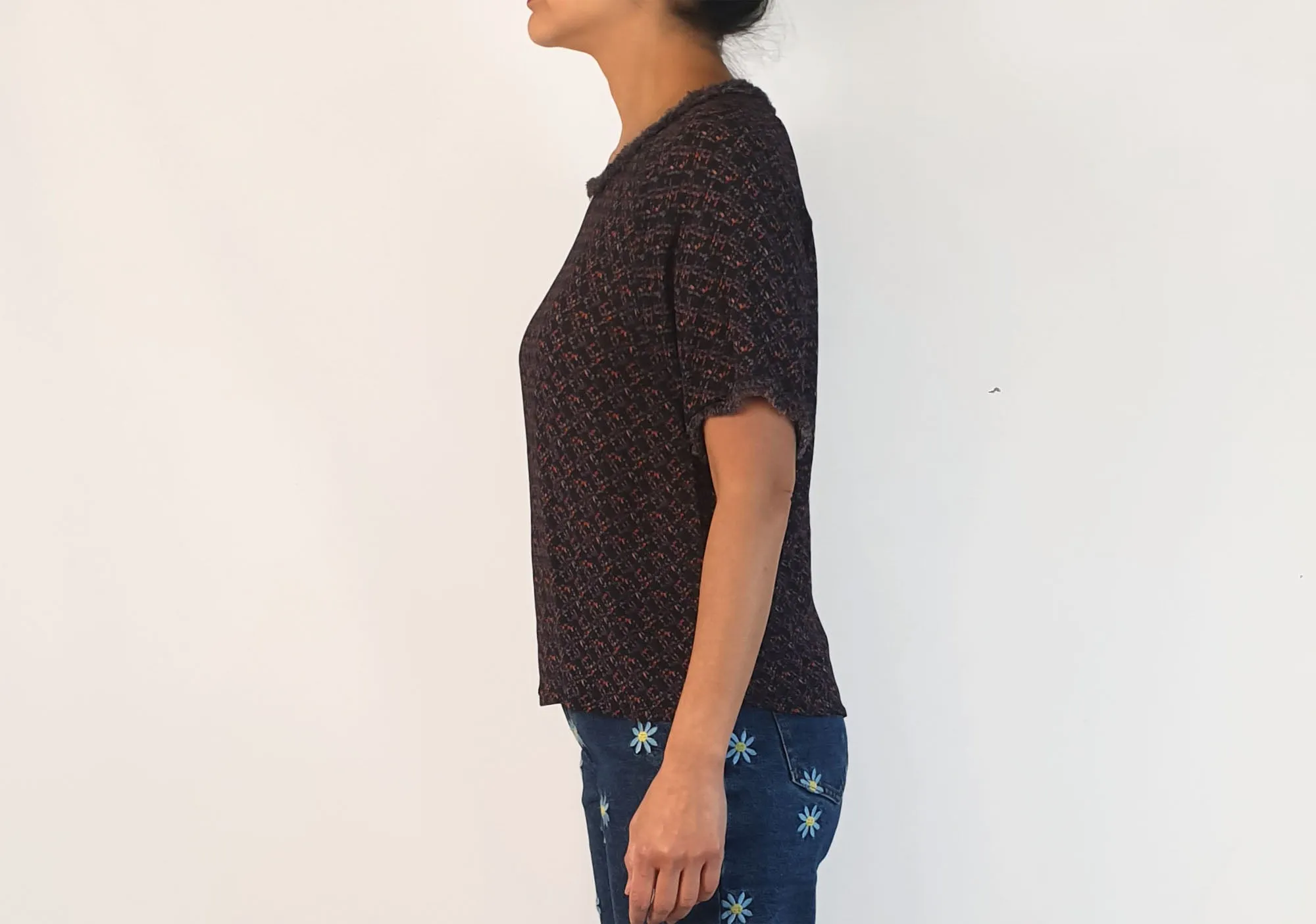 Skin & Threads silk feel dark print top with cute freying detail size 2, fits 10
