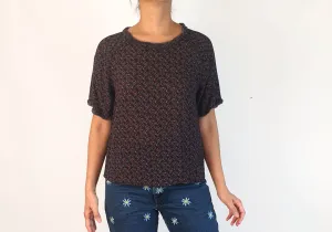 Skin & Threads silk feel dark print top with cute freying detail size 2, fits 10