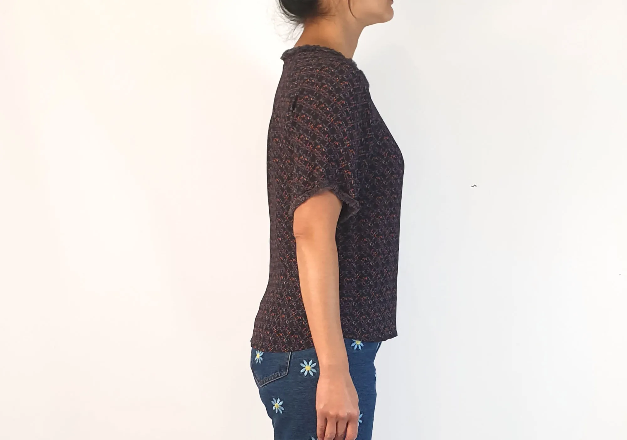 Skin & Threads silk feel dark print top with cute freying detail size 2, fits 10