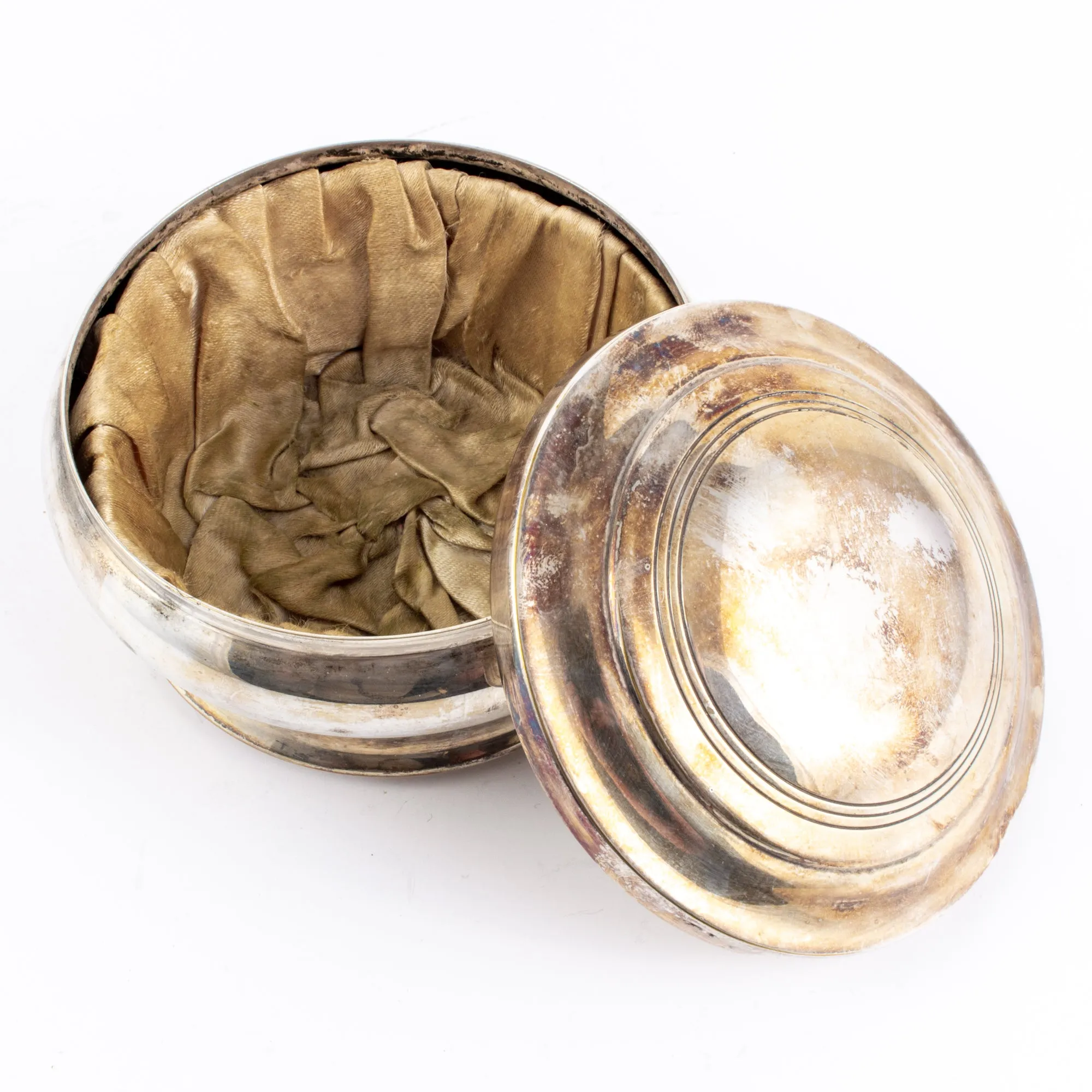 Small Vintage Round Silver Plate Jewelry Box with Silk Lining found in France