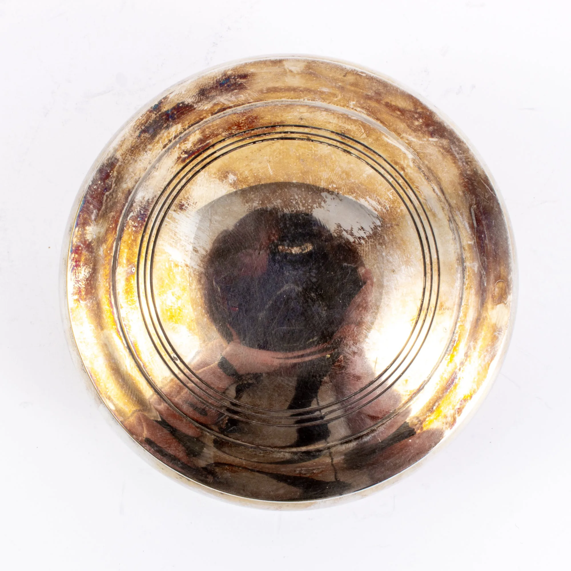 Small Vintage Round Silver Plate Jewelry Box with Silk Lining found in France