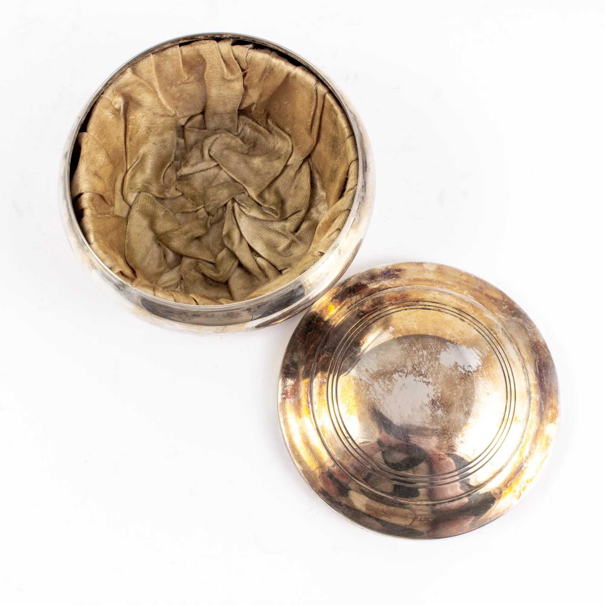 Small Vintage Round Silver Plate Jewelry Box with Silk Lining found in France