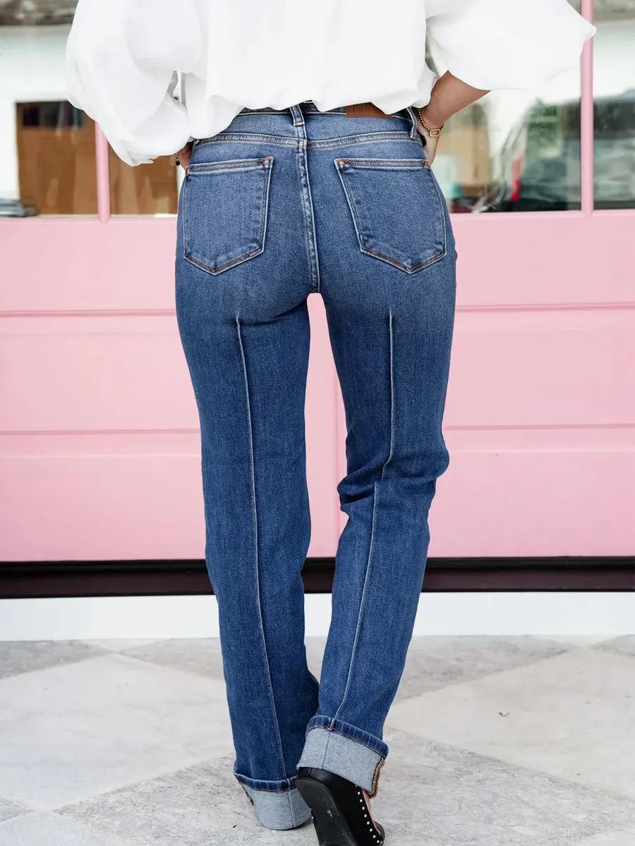 Straight to the Heart High Rise Medium Wash Front Seam Cuffed Straight Leg Jeans