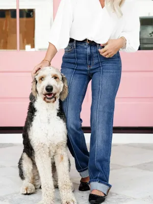 Straight to the Heart High Rise Medium Wash Front Seam Cuffed Straight Leg Jeans