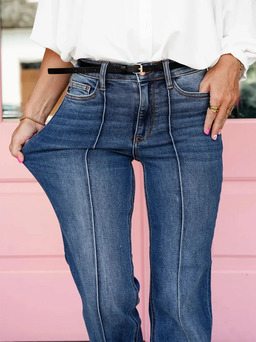 Straight to the Heart High Rise Medium Wash Front Seam Cuffed Straight Leg Jeans