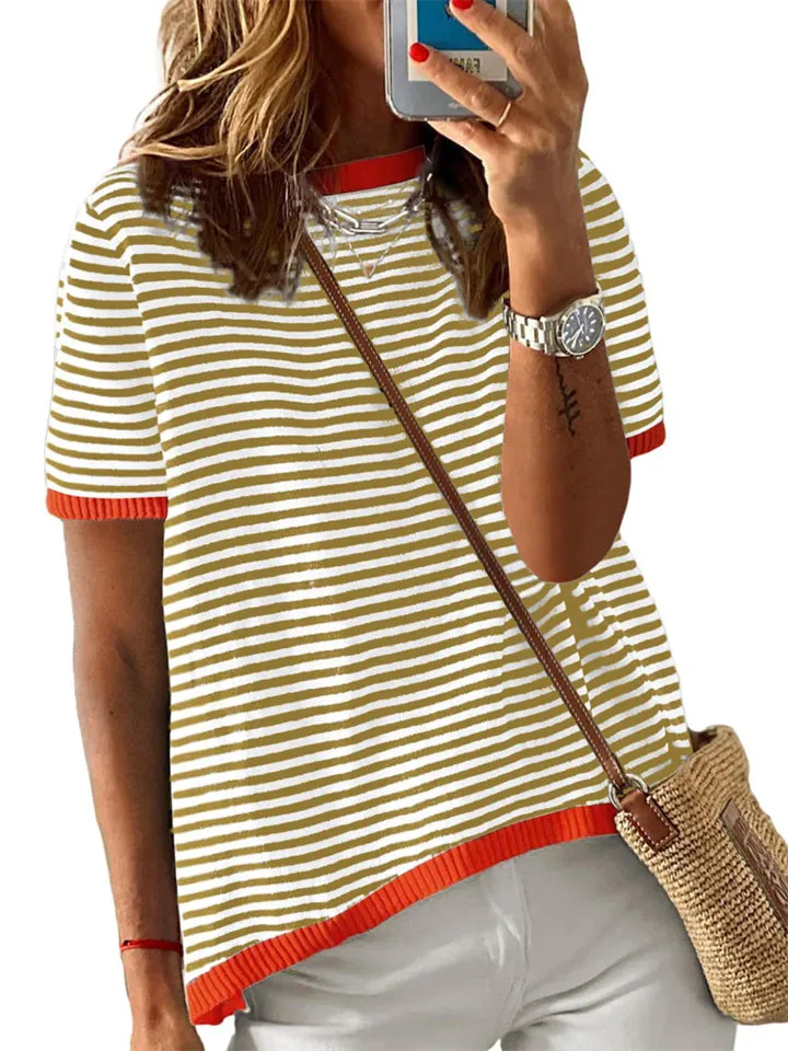 Stripe Contrast Color Short Sleeve Knitted Tops for Women