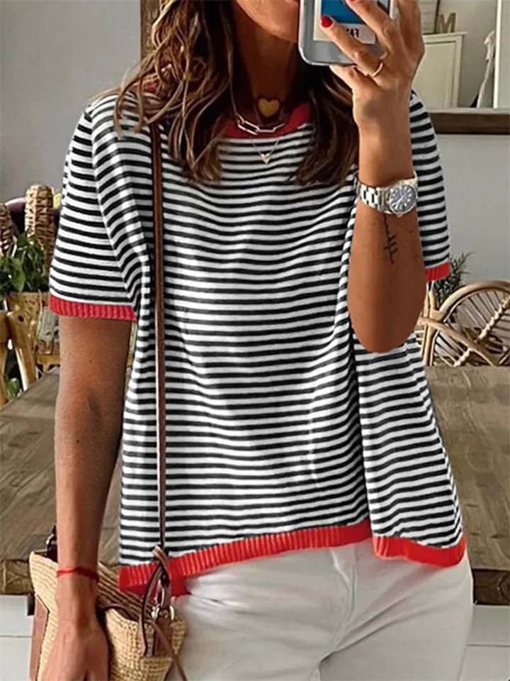 Stripe Contrast Color Short Sleeve Knitted Tops for Women