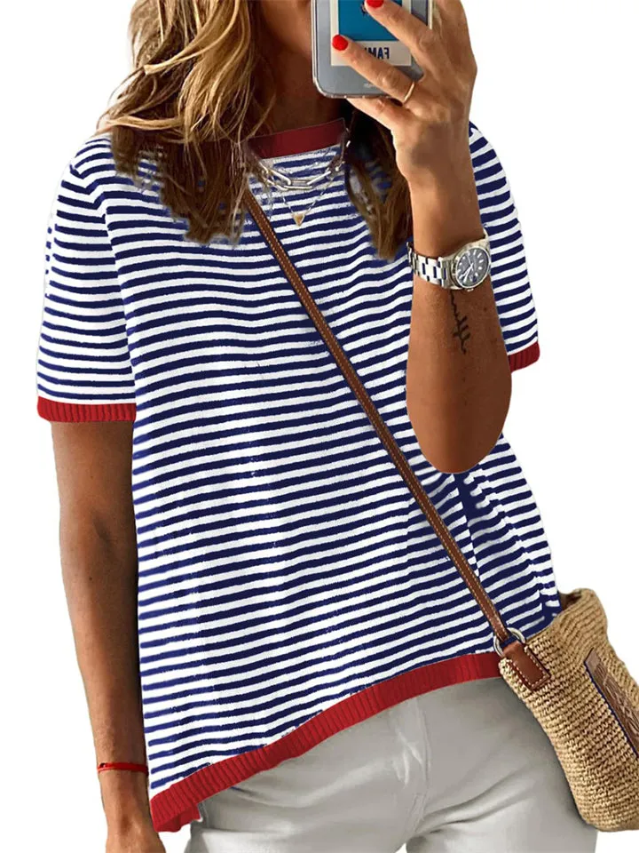Stripe Contrast Color Short Sleeve Knitted Tops for Women