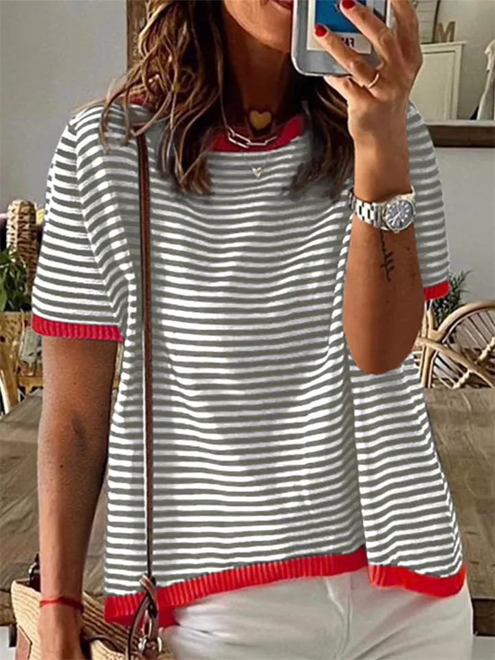 Stripe Contrast Color Short Sleeve Knitted Tops for Women