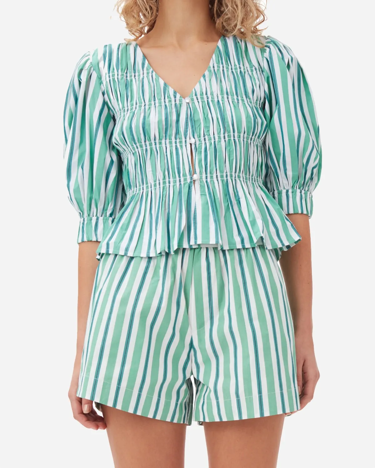 Stripe Cotton Elasticated Shorts - Creme de Menthe