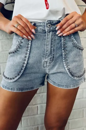 Studded Acid Wash Denim Shorts Size 8-16