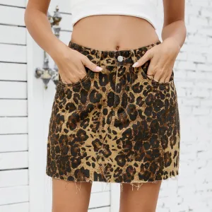 Summer Washed Leopard Print Denim Skirt