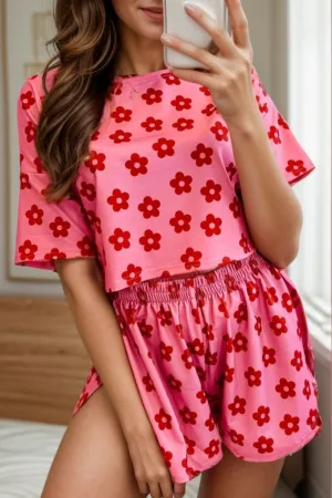 Tallulah Flower Round Neck Top and Shorts Lounge Set